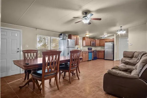 a view of a dining room with furniture