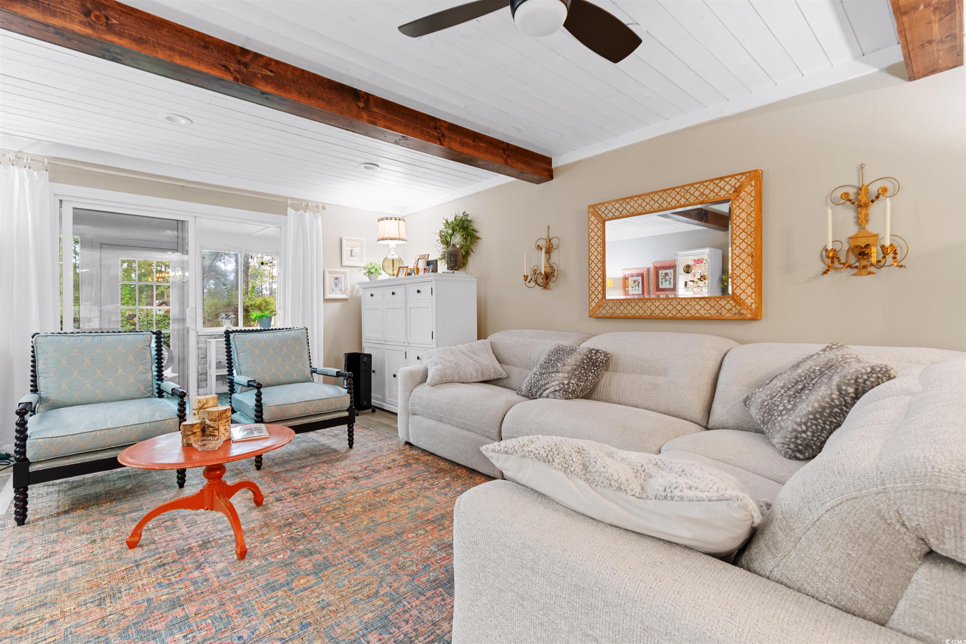 1830 Fairway Ridge Drive, Unit 6F Myrtle Beach, SC 29575 - Photo 7 of 31 Living room featuring beam ceiling, wooden ceiling