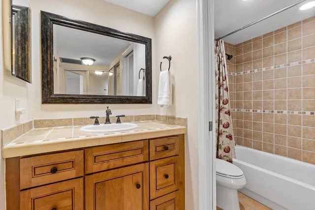 a bathroom with a sink a toilet a mirror and shower