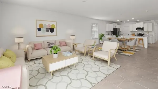a living room with furniture and a table