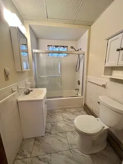a bathroom with a sink a toilet and shower