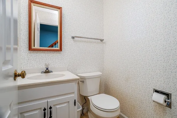 a bathroom with a sink mirror and toilet