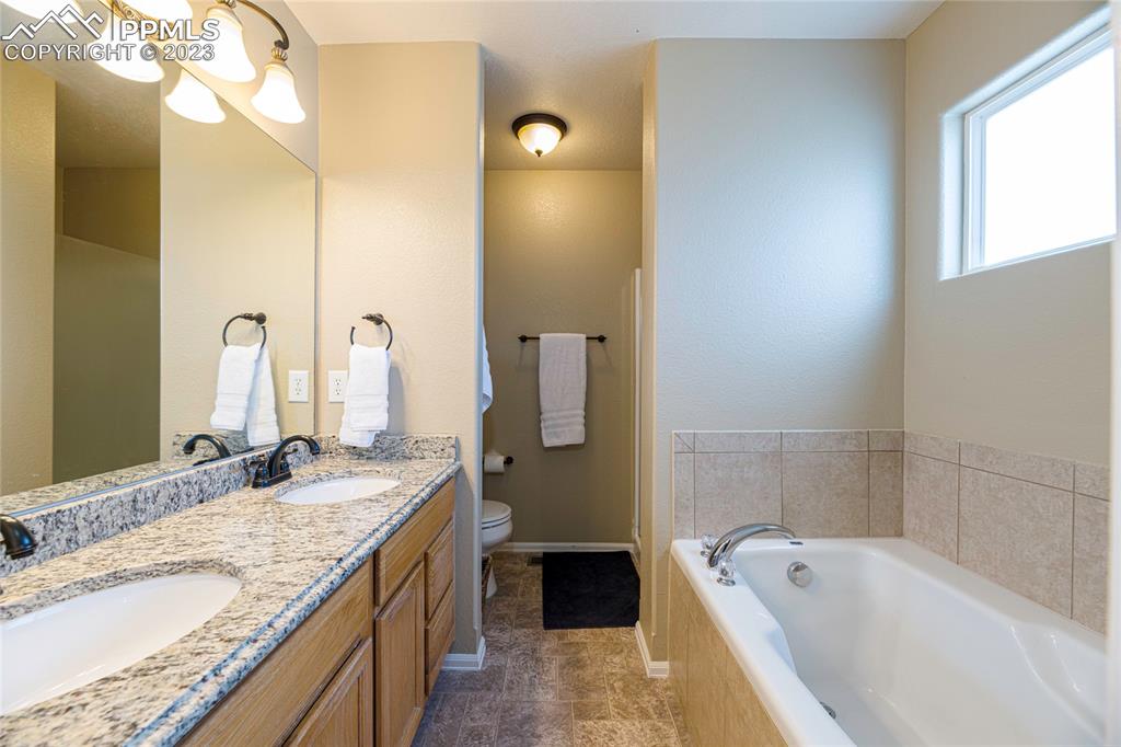 12713 Pine Valley Circle Peyton, CO 80831 - Photo 8 of 26 a bathroom with a granite countertop tub sink and mirror