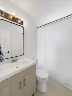 a bathroom with a sink mirror vanity and toilet