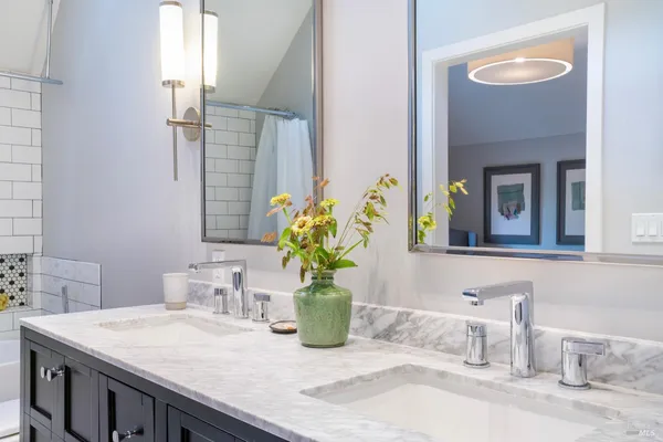 a bathroom with a granite countertop sink a mirror and a potted plant