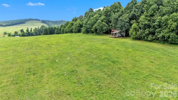 a view of a lush green outdoor space with a swimming pool and valleys in the background