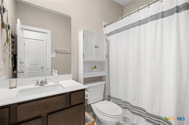 a bathroom with a sink a toilet a mirror and shower curtain