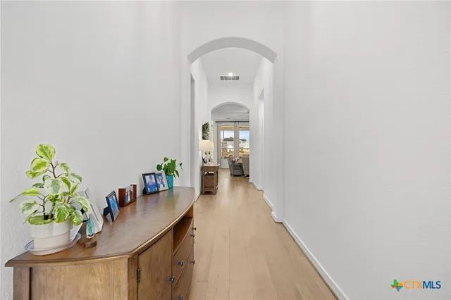 a hallway with painting and a potted plant