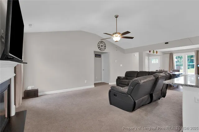 a living room with furniture a fireplace and a flat screen tv
