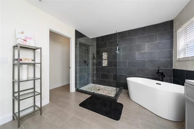 a bathroom with a bathtub and shower
