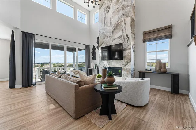 a living room with fireplace furniture and a fireplace