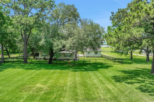 a view of a backyard with large trees
