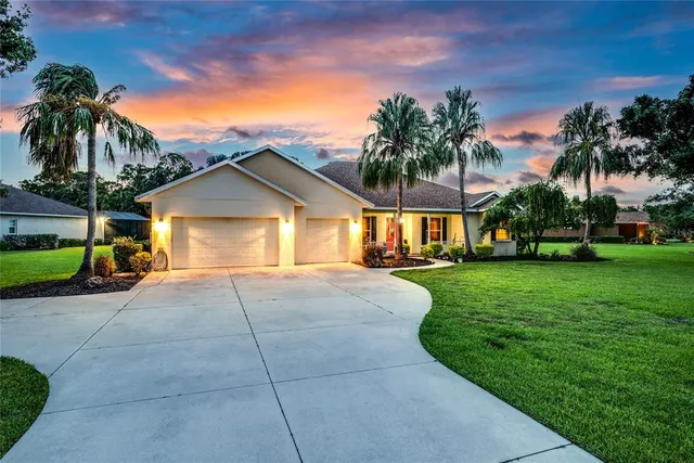 a view of a house with palm trees and a yard