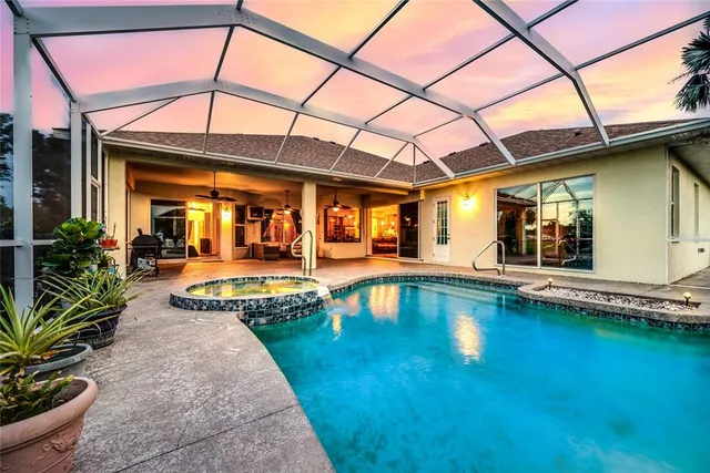 a view of a swimming pool with potted plants