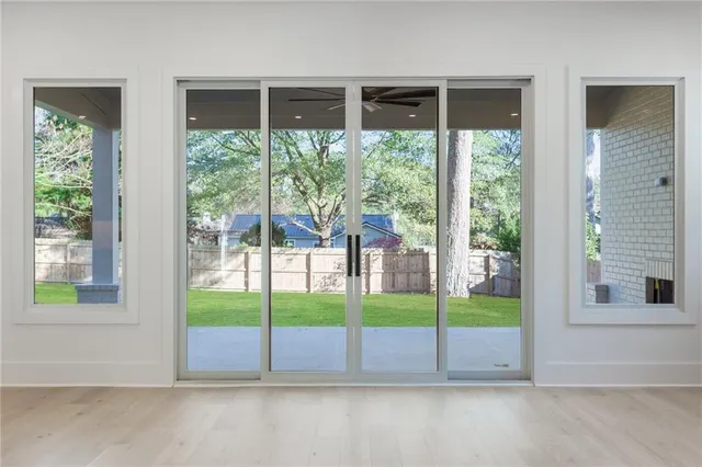 a view of a garden with an outdoor space