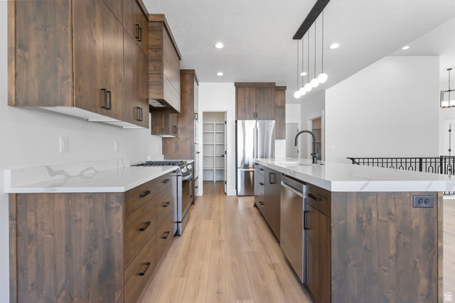 710 East Mountain Road North Ogden, UT 84414 - Photo 10 of 36 Kitchen with modern cabinets, light wood-style flooring, decorative light fixtures, stainless steel appliances, and a kitchen island with sink