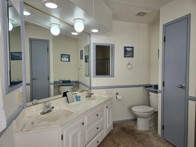 a bathroom with a toilet sink and mirror