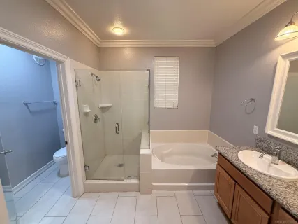 a bathroom with a granite countertop bathtub shower sink and toilet