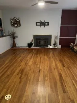 a view of a livingroom with wooden floor and a fireplace