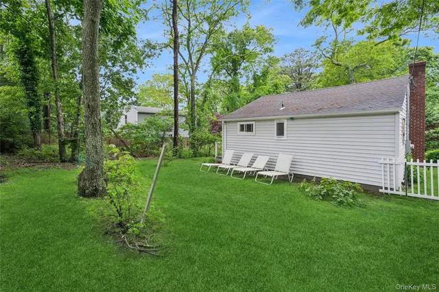 a backyard of a house with plants and large trees
