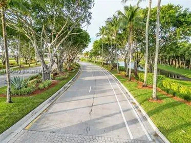 a view of flowing water with large trees
