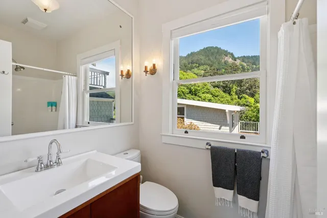 a bathroom with a sink vanity mirror and toilet