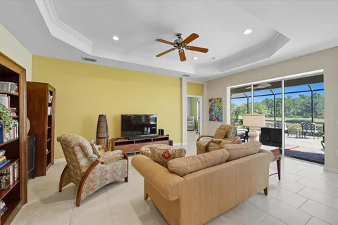 a living room with furniture tv and a large window