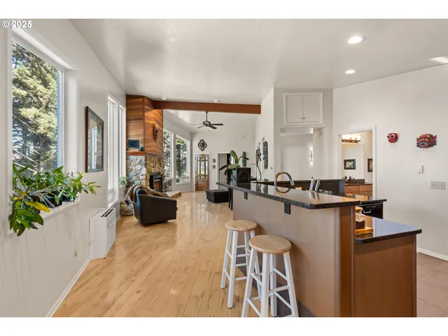 a living room with furniture and potted plants