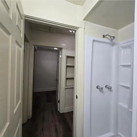 a bathroom with a shower and a wooden door
