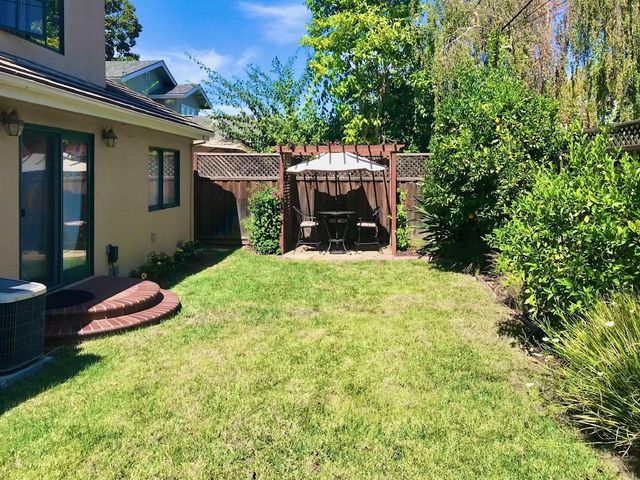 a view of a backyard with table and chairs potted plants and large tree