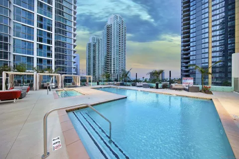 a swimming pool with outdoor seating and yard