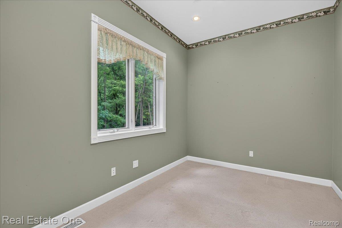 425 Courtney Road Leonard, MI 48367 - Photo 52 of 89 Double-pane window offering a lush green outdoor scenery, complemented by light green walls, a single recessed ceiling light, and neutral-toned carpeting