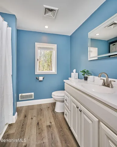 a bathroom with a sink a toilet and a mirror