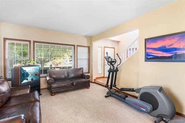 a living room with furniture gym equipment and a large window