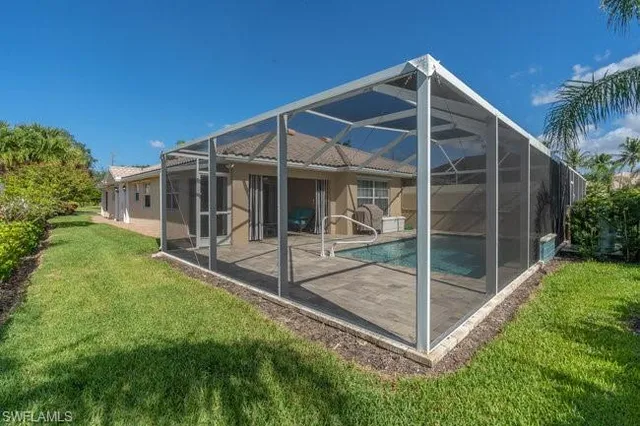 a view of a yard with plants and large trees