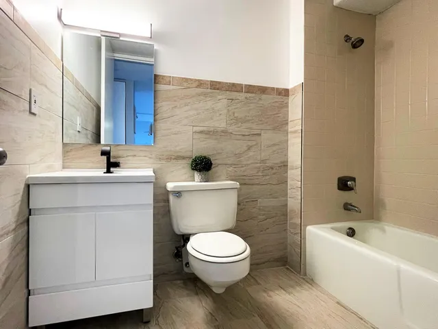 a bathroom with a toilet a sink a mirror and bathtub