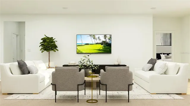 a living room with furniture and a potted plant