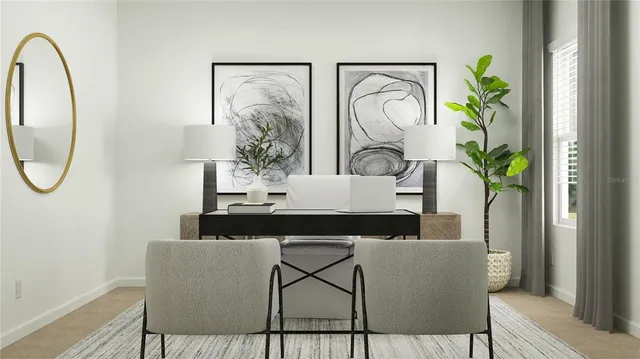 a living room with furniture a potted plant and a mirror