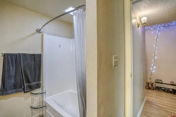 a bathroom with a shower and a sink