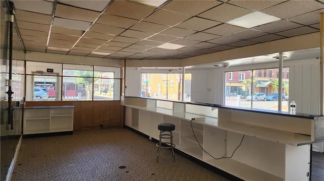 a bathroom with a large window