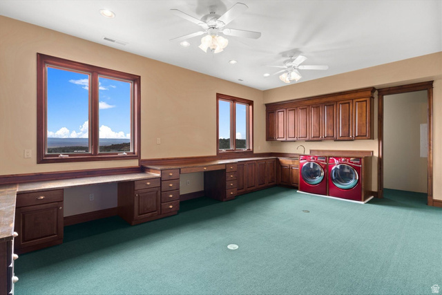 5615 East Eight Mile Gap Road Kanab, UT 84741 - Photo 40 of 81 Laundry area featuring an office area, dark colored carpet, ceiling fan, recessed lighting, and washer and dryer