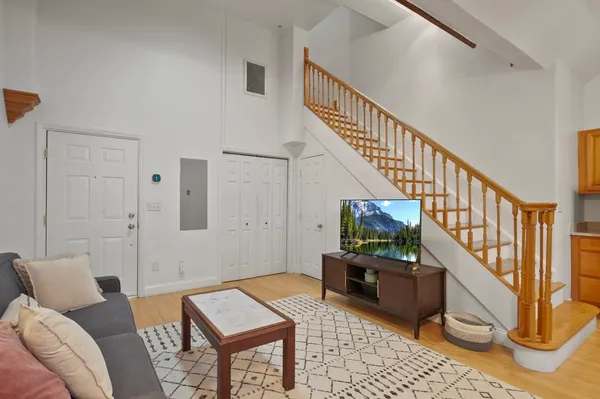 a living room with furniture and a rug
