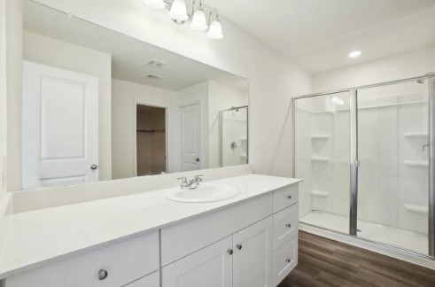 16041 Cowslip Way Austin, TX 78725 - Photo 16 of 26 a bathroom with a shower sink vanity and mirror