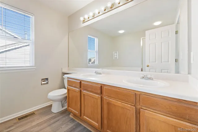 a bathroom with a sink a toilet and a large mirror
