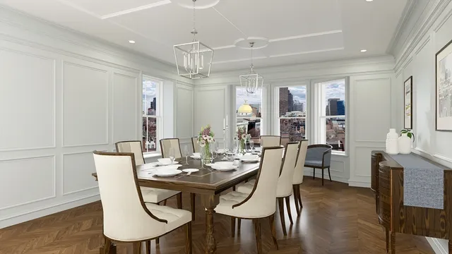 a view of a dining room with furniture window and wooden floor