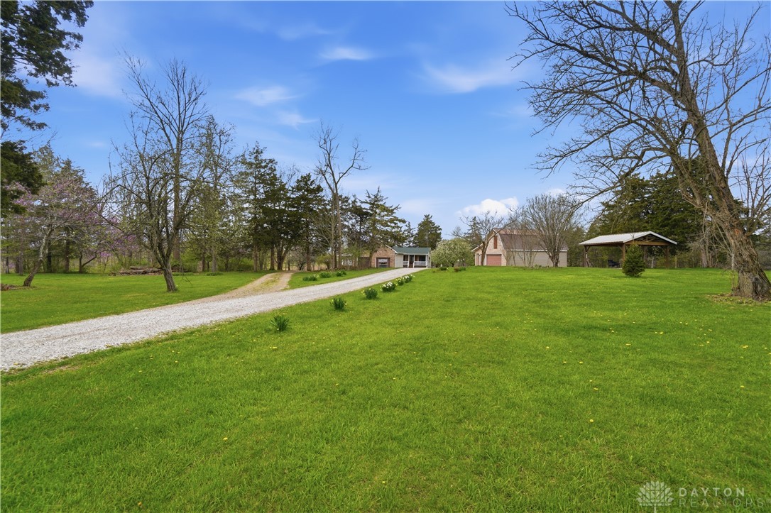 7553 Coffin Station Road Springfield, OH 45502 - Photo 5 of 95 A long gravel driveway leads to a secluded home nestled among lush trees and vibrant green grass.