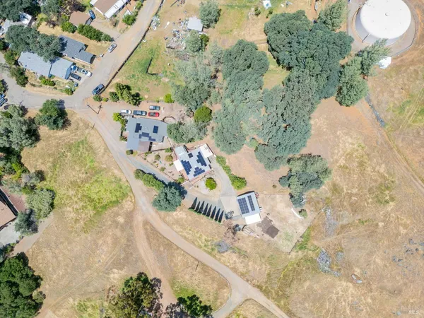 an aerial view of a swimming pool