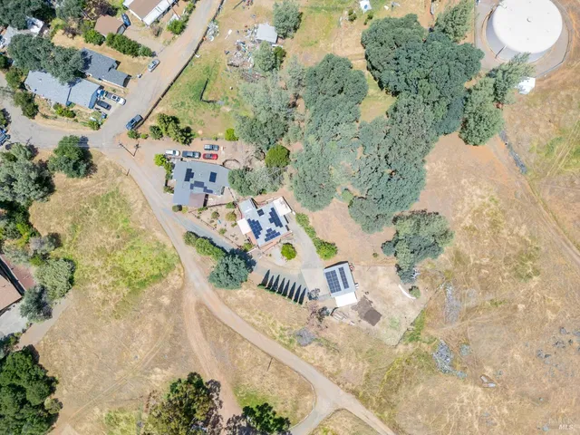 an aerial view of a swimming pool