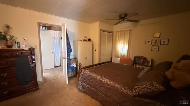 a bedroom with a bed and a closet