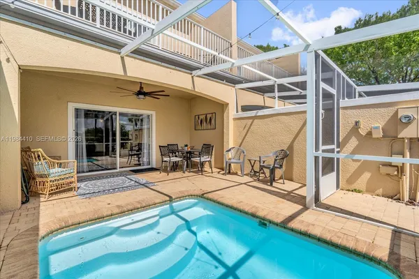 a indoor swimming pool and outdoor seating